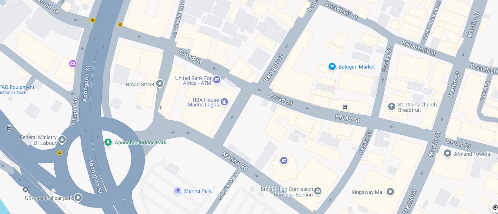 Map of Marina, Lagos showing UBA House