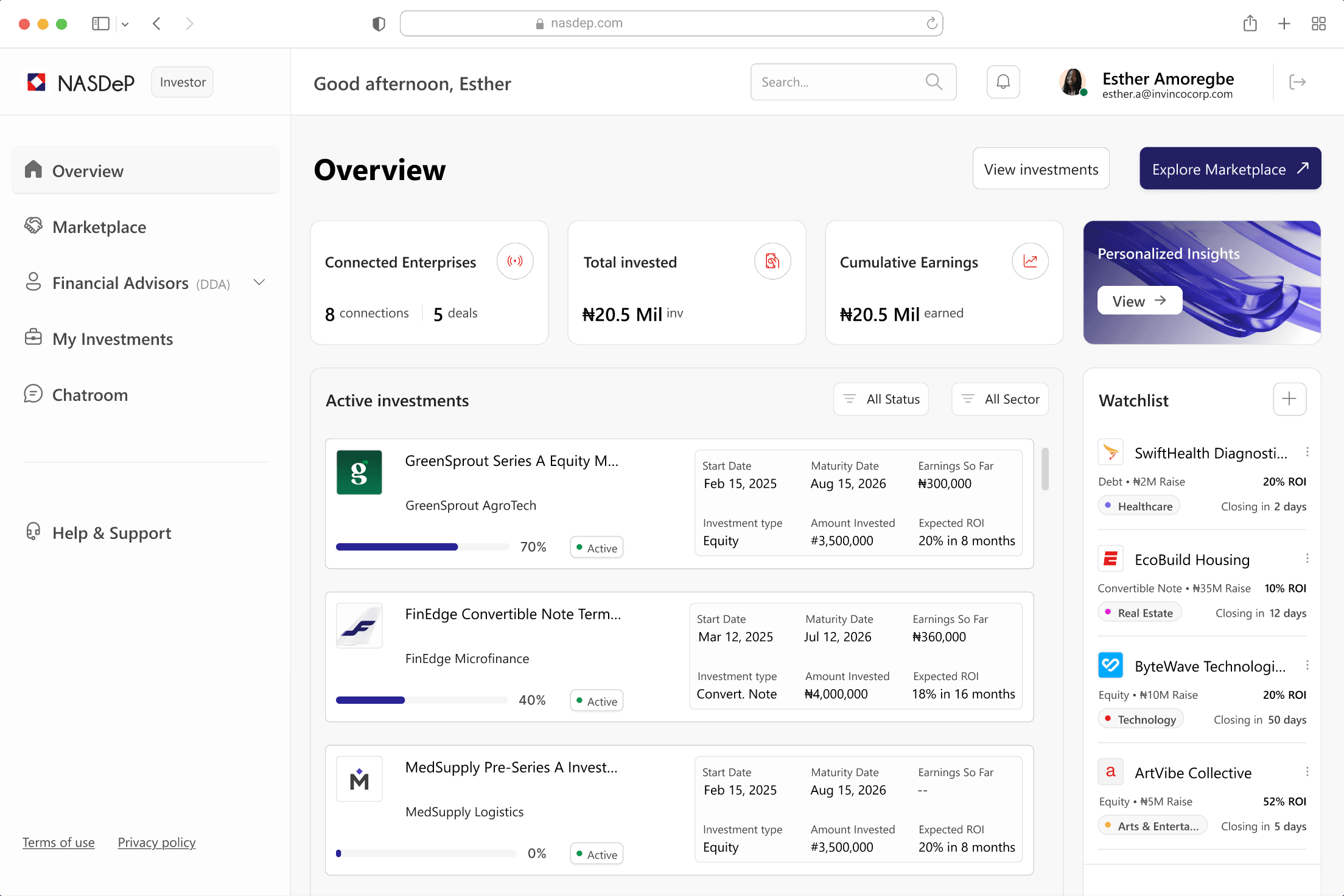 NASDeP investor dashboard showing an overview of investments, earnings and a watchlist